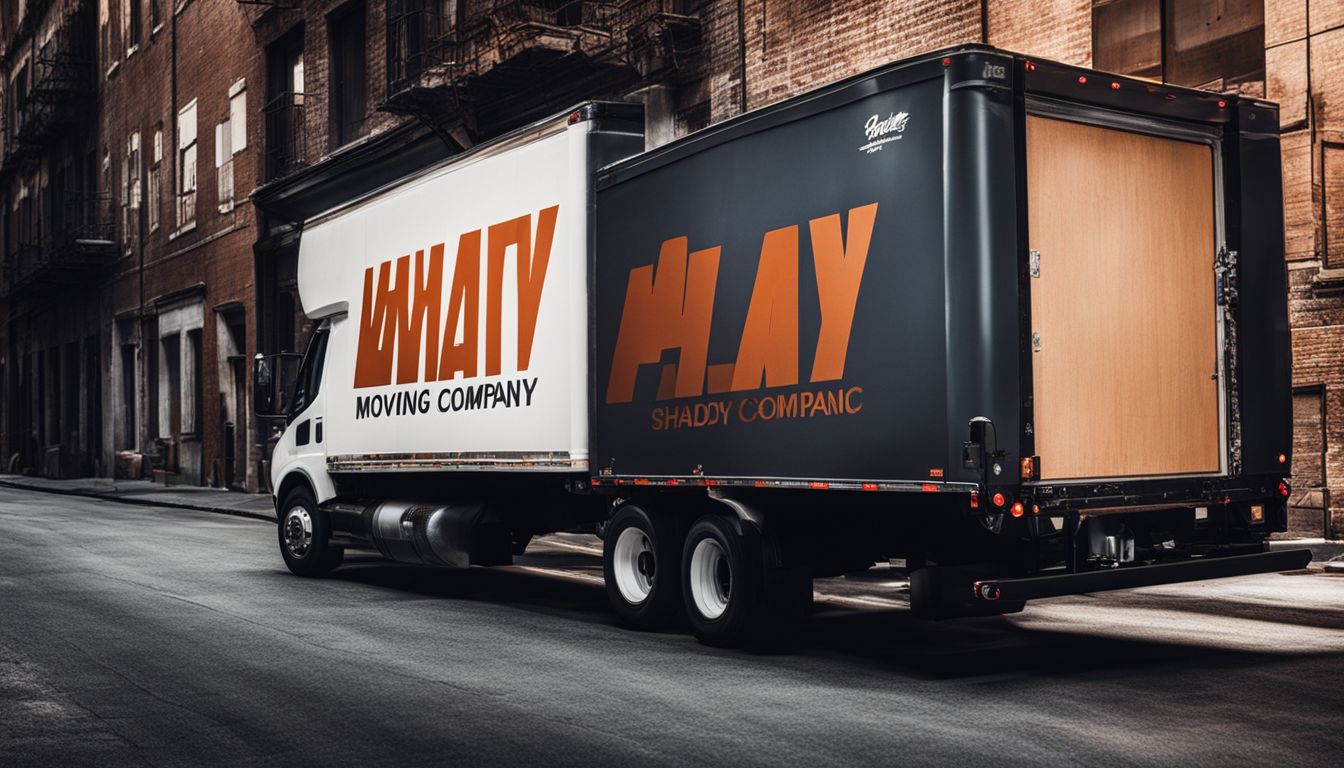 An empty moving truck with a shady company logo parked in a dimly lit alley.