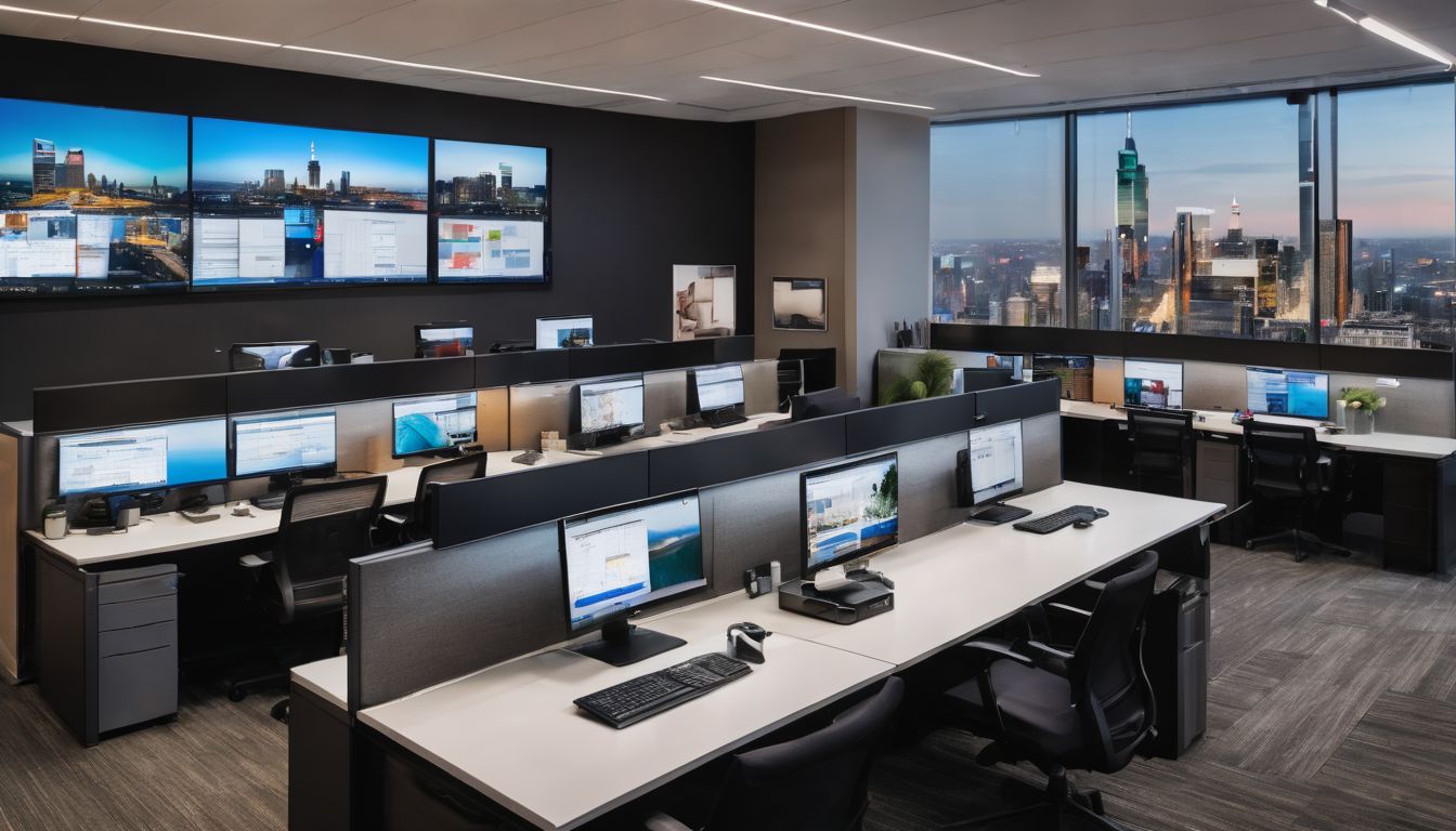 An open-plan office with digital screens and cityscape photography.