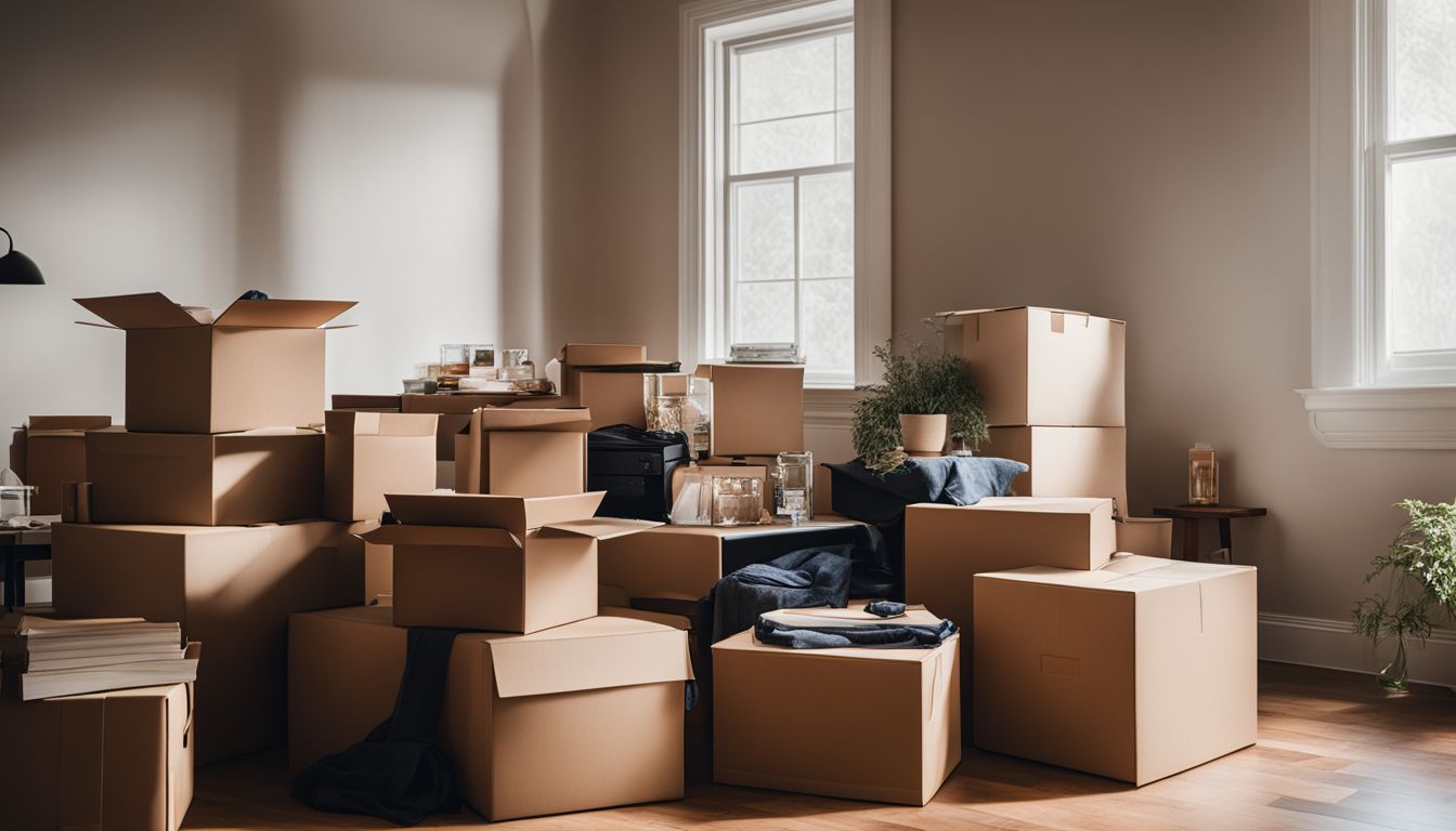 A neatly stacked moving boxes in an empty room captured in a photograph.