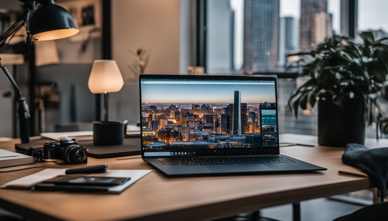 A well-organized desk with a laptop and cityscape photography.