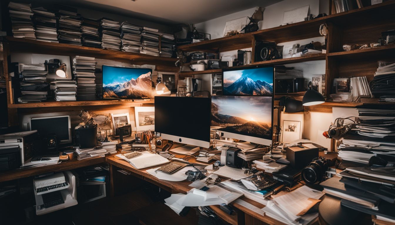 A cluttered computer desktop with unnecessary files and various photography images.