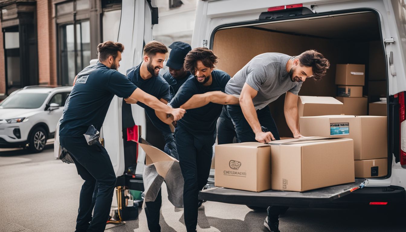 A professional moving crew carefully loads furniture into a moving truck.