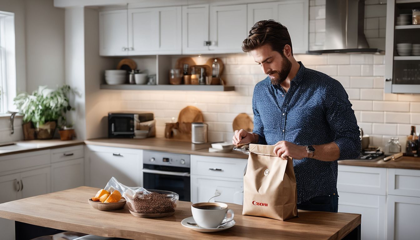 A person effortlessly opens a coffee bag in a modern kitchen.