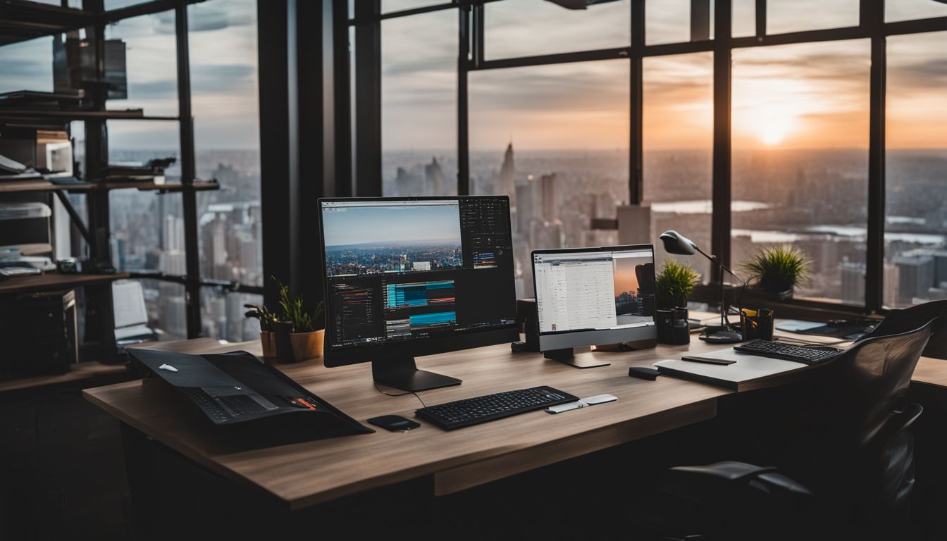A contemporary office desk with a computer and cityscape photography.