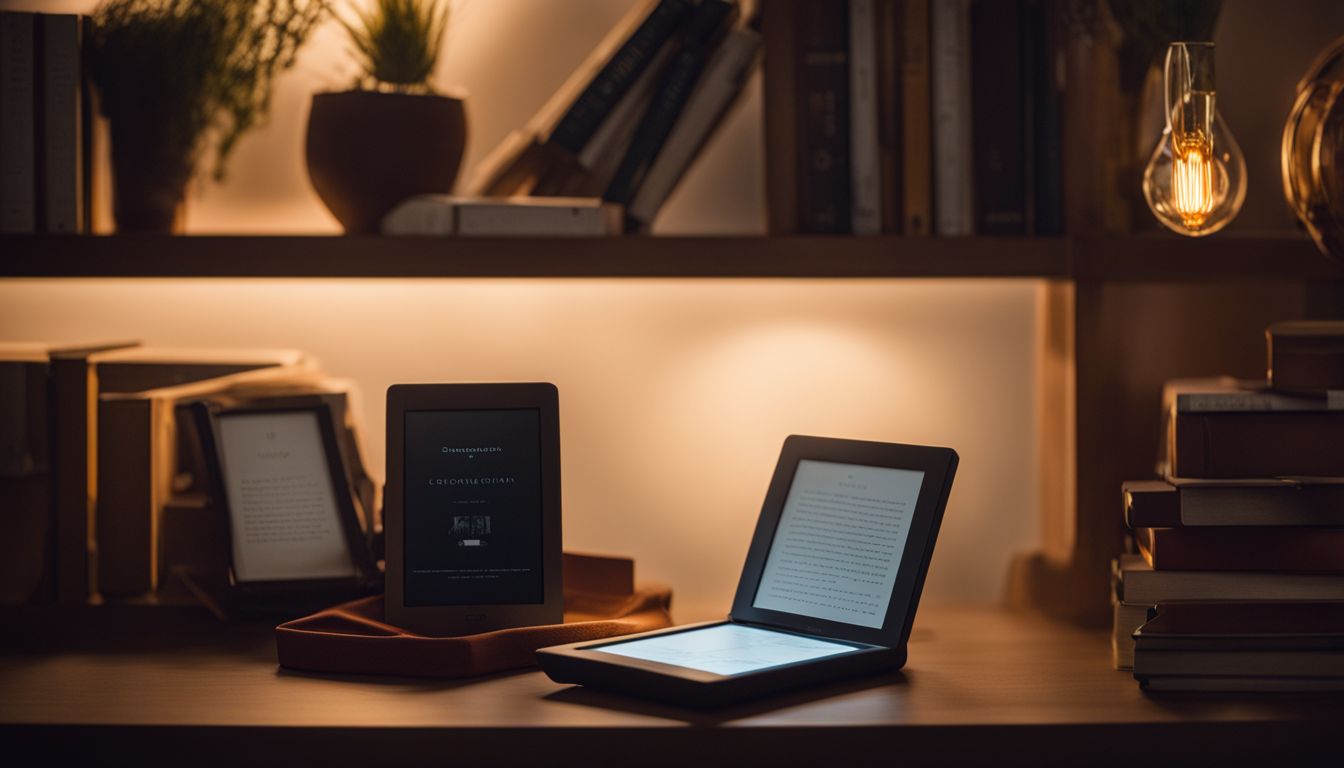 An eReader sits on a bookshelf amidst a bustling atmosphere.