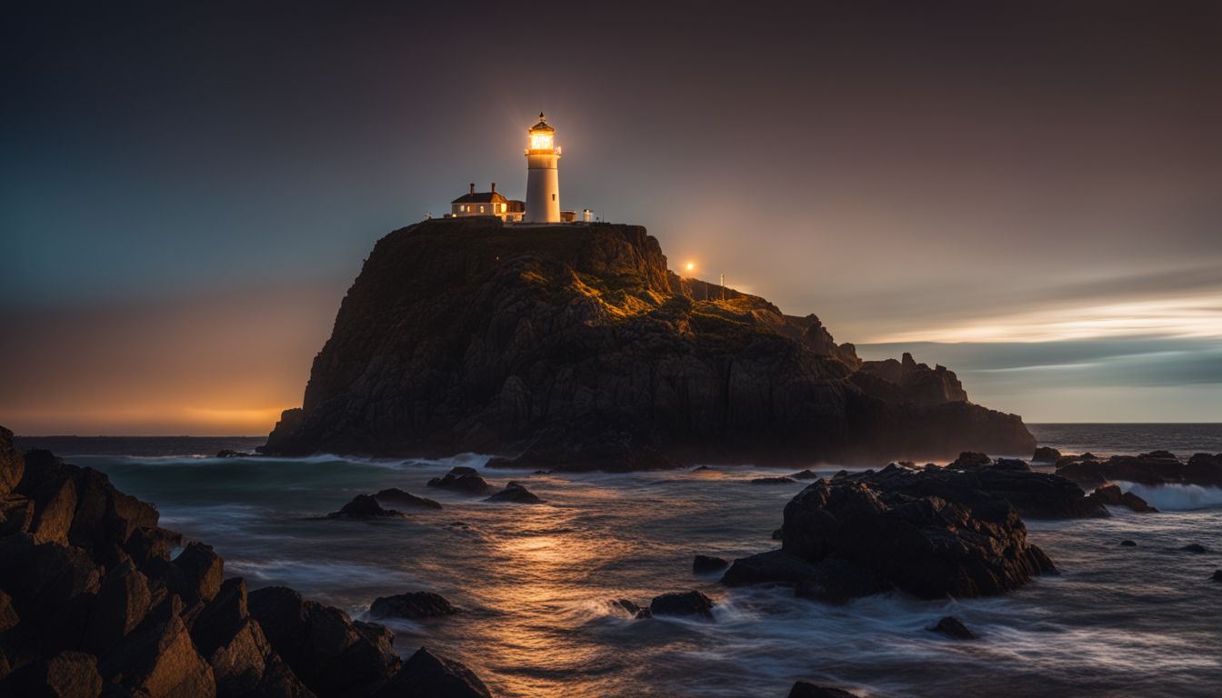 A glowing lighthouse stands on a rocky coast at night.