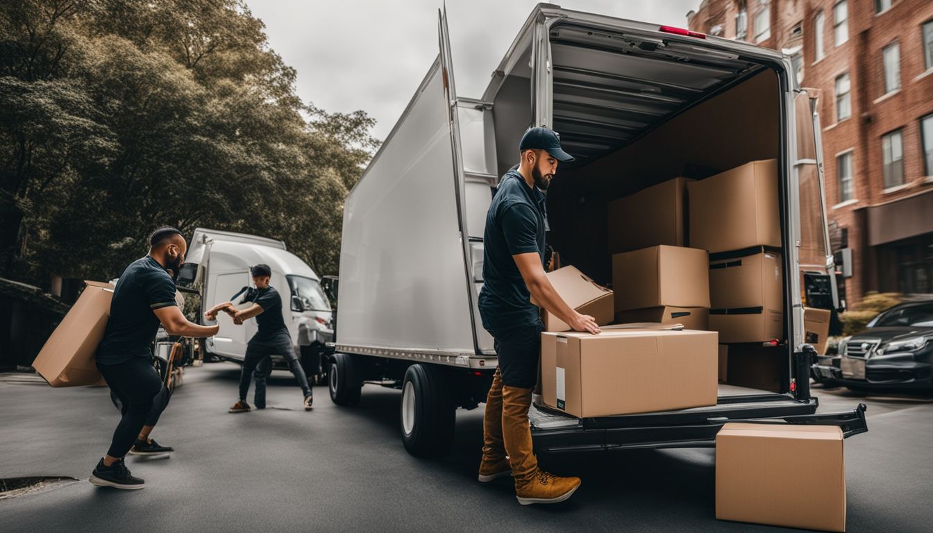 Professional movers swiftly loading items into a moving truck in a bustling city.