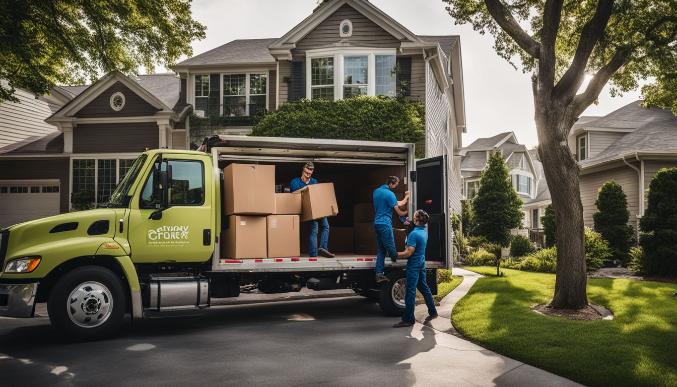 A moving company crew loading boxes into a truck outside a suburban home.