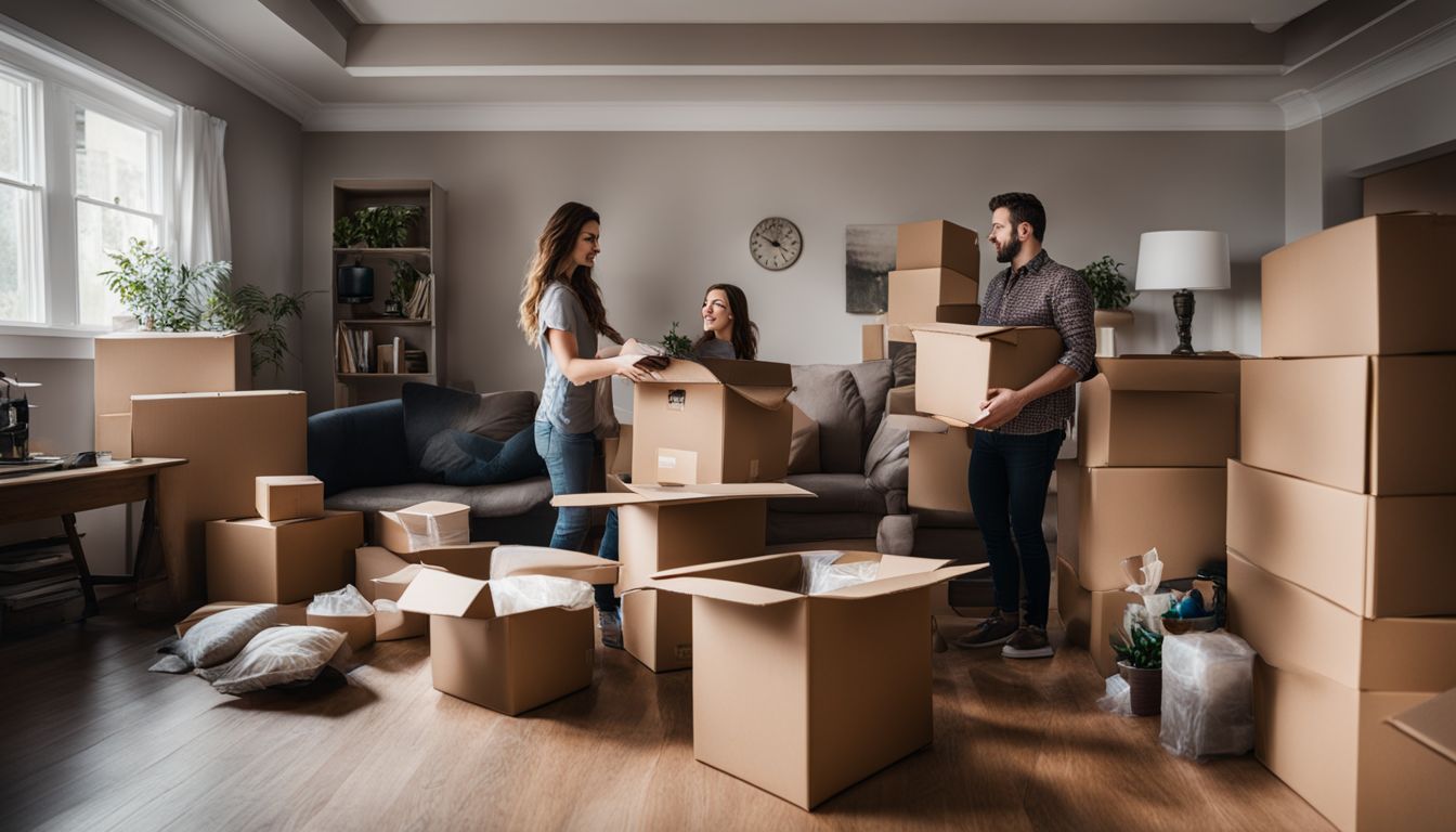 A photo of packed boxes and moving supplies in an empty house.