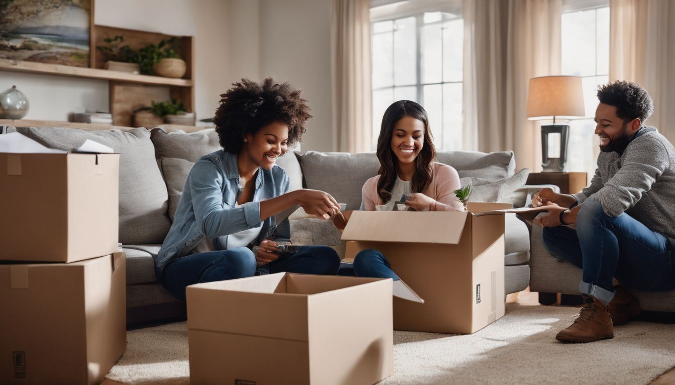 A family unpacks moving boxes in a well-organized living room.