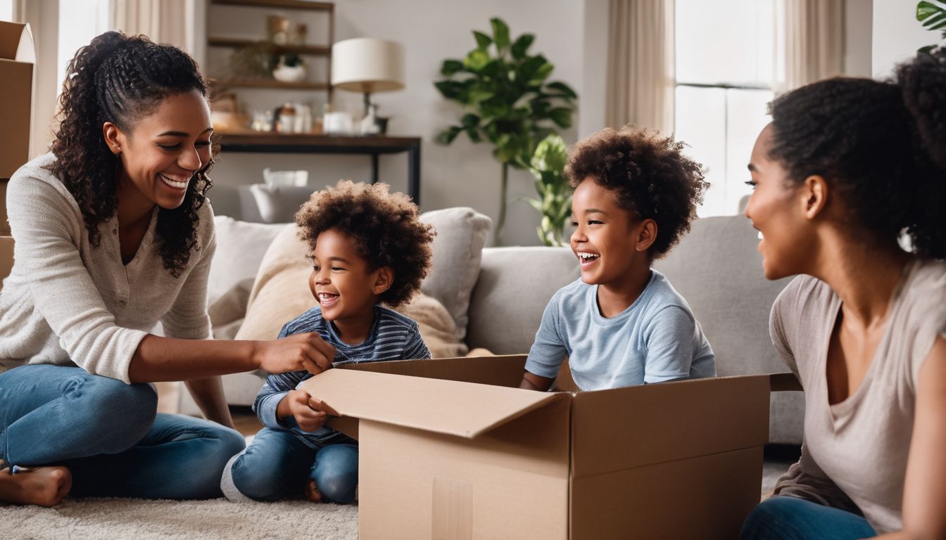 A family joyfully unpacking moving boxes in a bright living room.