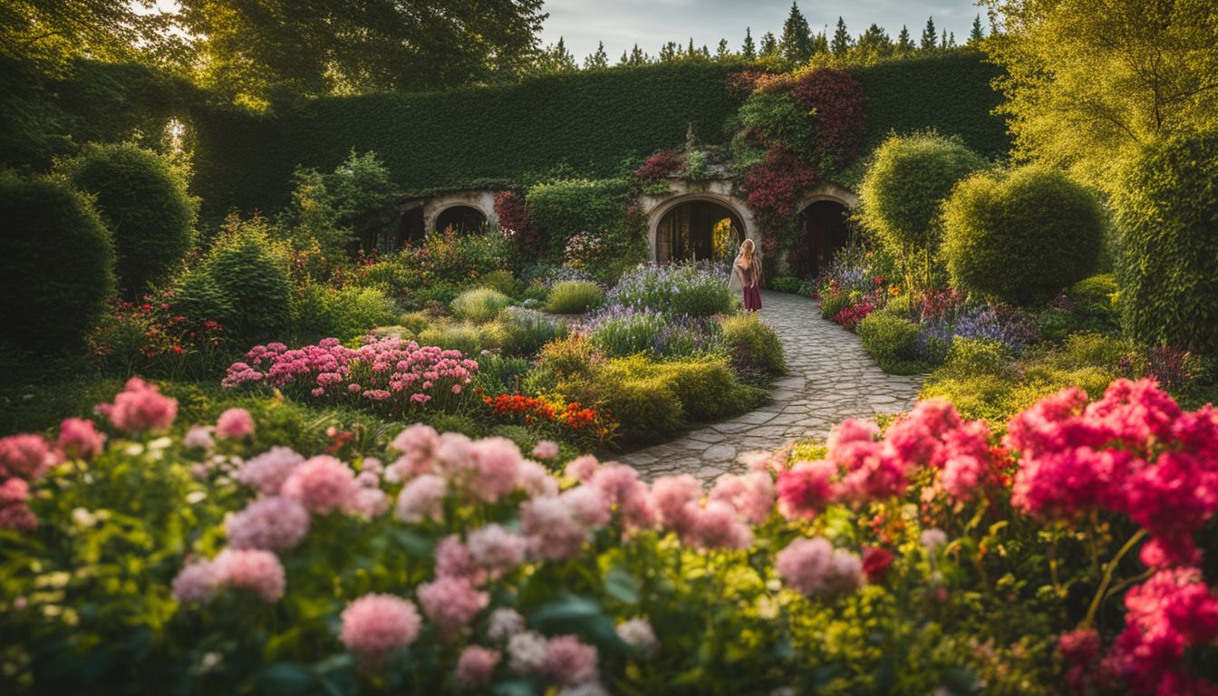 A vibrant garden with colorful flowers and a decorative pathway.