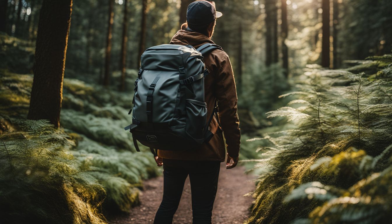 A backpack surrounded by a lush forest in a vibrant setting.