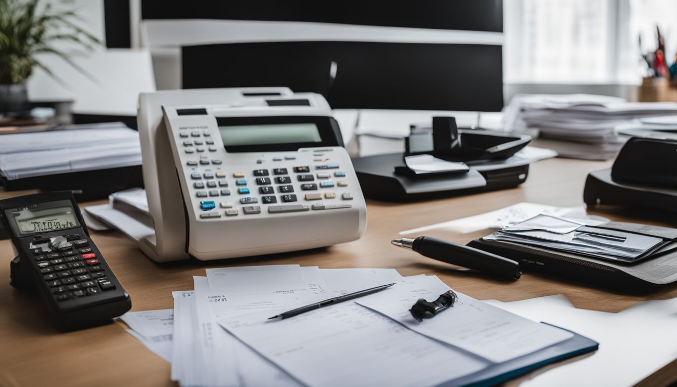 An organized desk with neatly arranged invoices and a calculator.