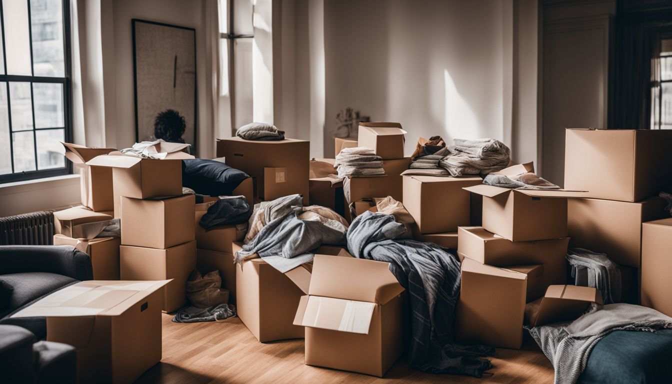 A pile of moving boxes in a well-lit room with cityscape photography.