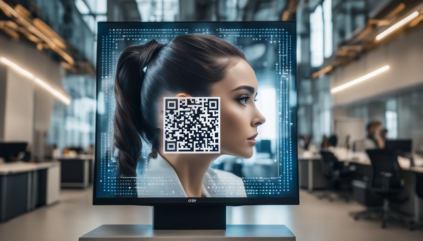 A QR code displayed on a futuristic digital screen in a modern office.