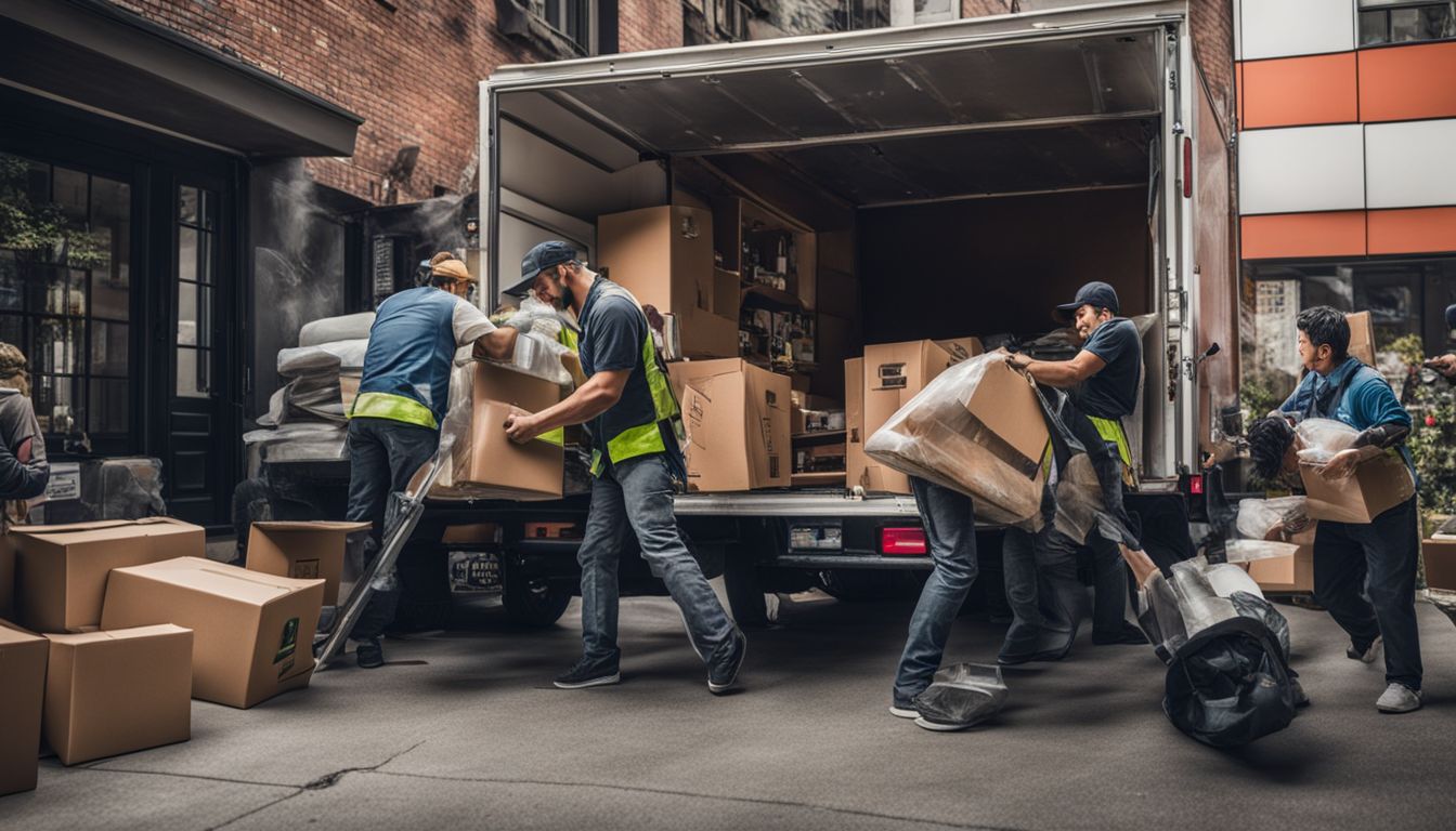 A moving crew loading household items into a truck in the city.