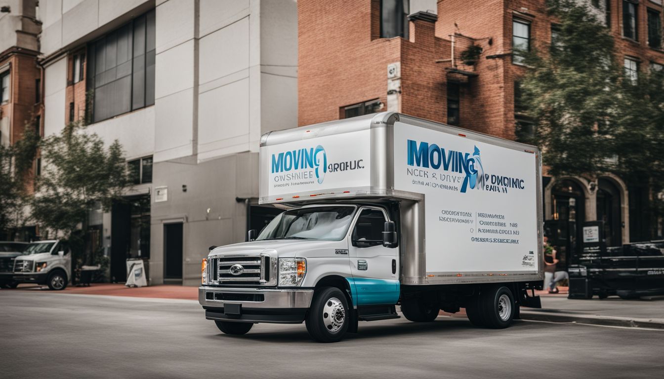 A moving truck parked outside a licensed and insured moving company office.