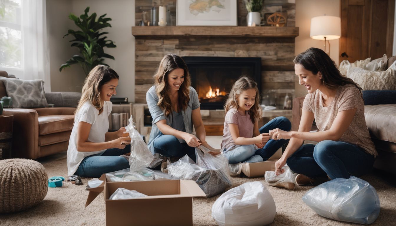 A family packing and organizing household items in their living room.