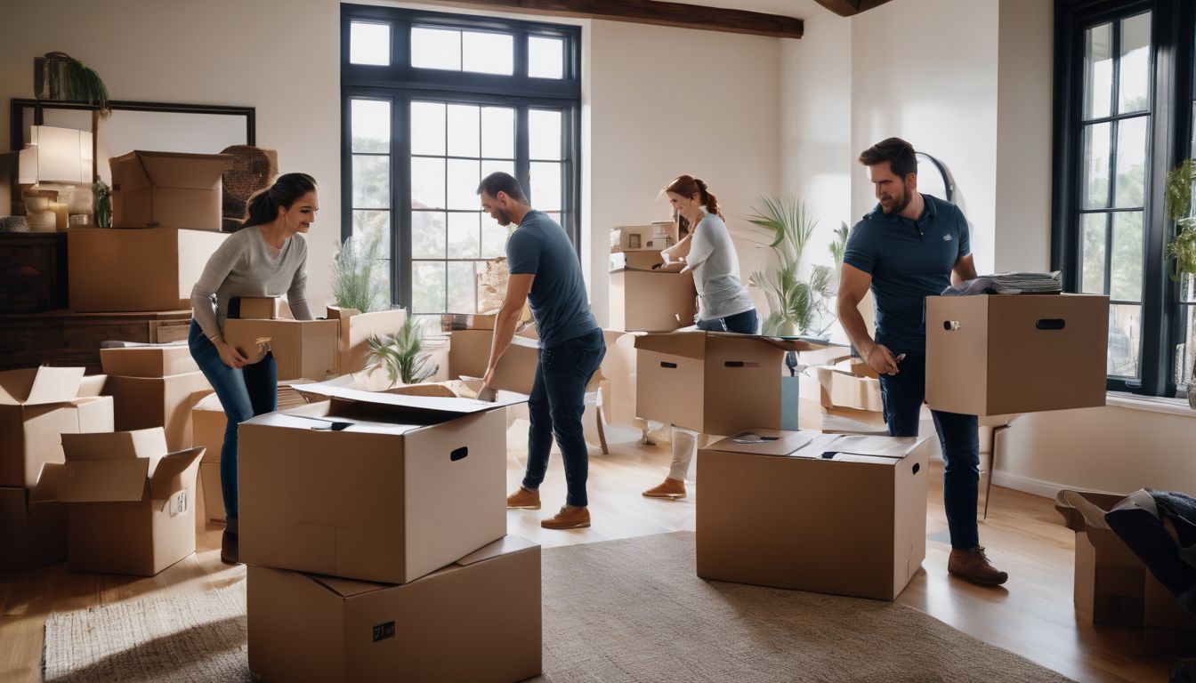 A team of packers organizing moving boxes in a spacious room.