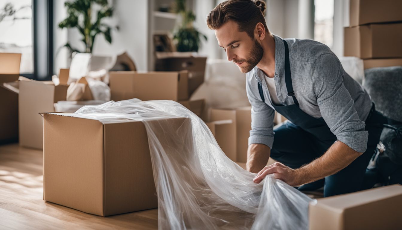 A professional mover carefully packs delicate items for moving.