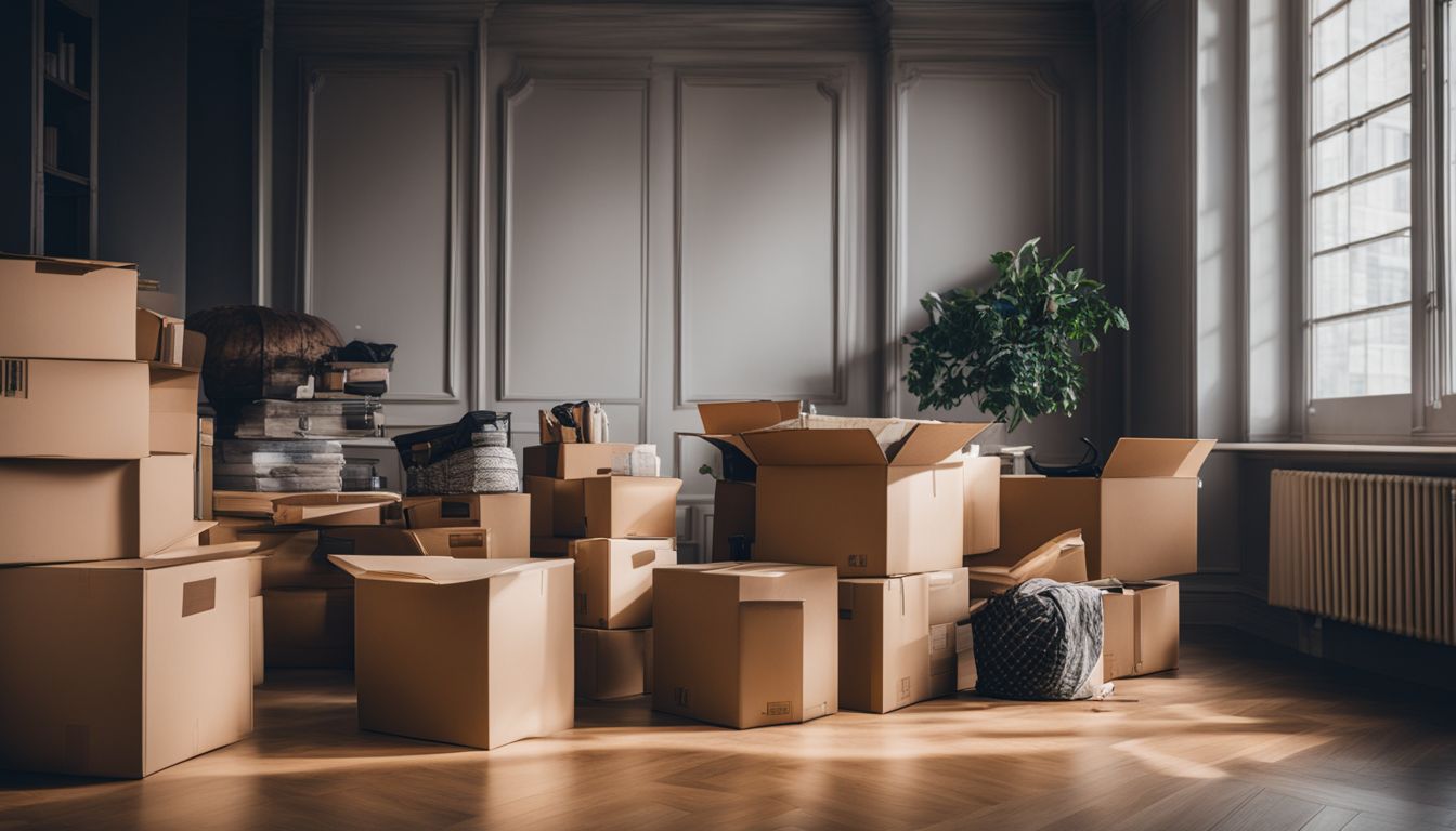 A stack of moving boxes in a well-lit room with a bustling atmosphere.