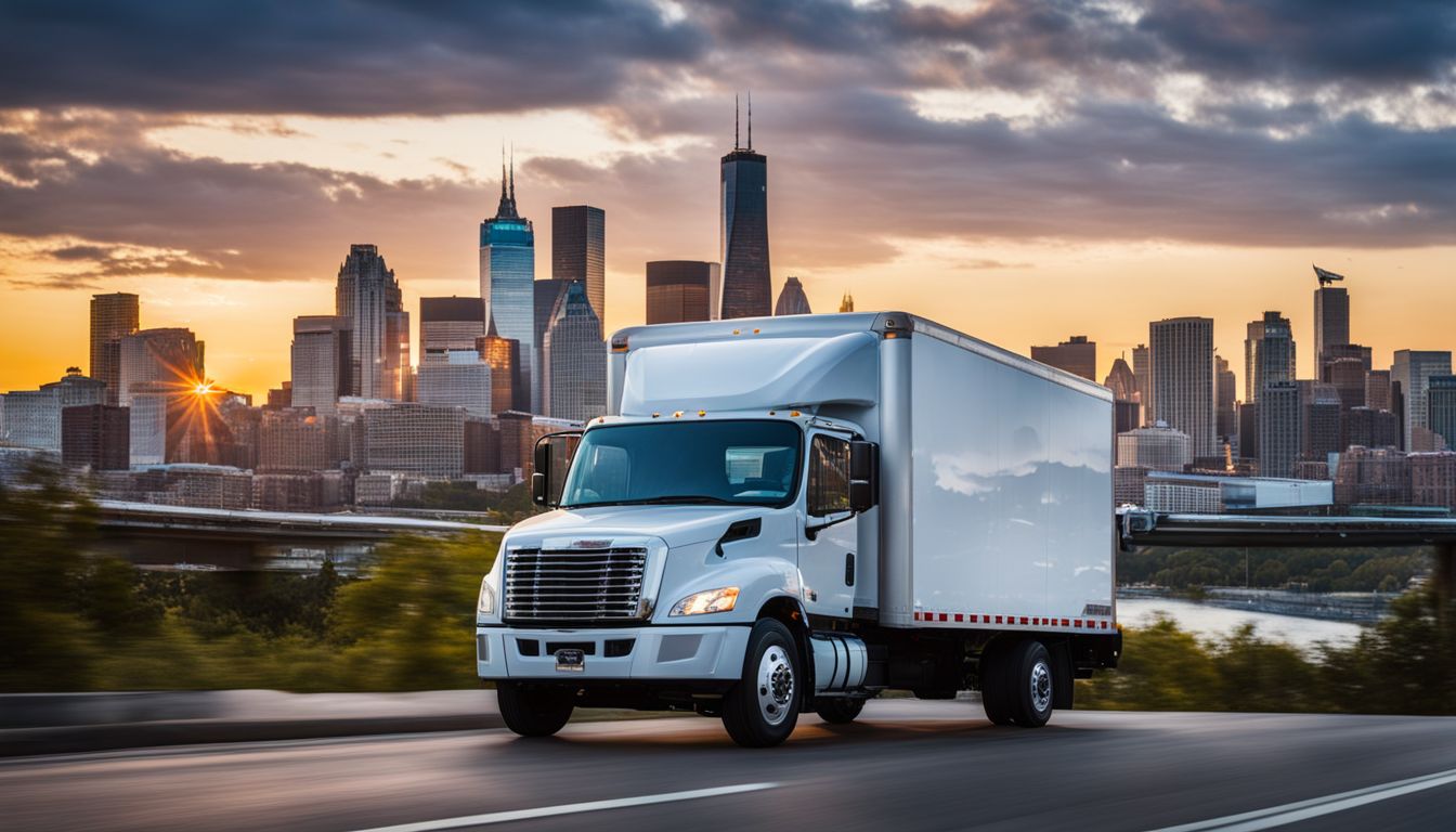 A moving truck with insurance coverage documents in front of a city skyline.