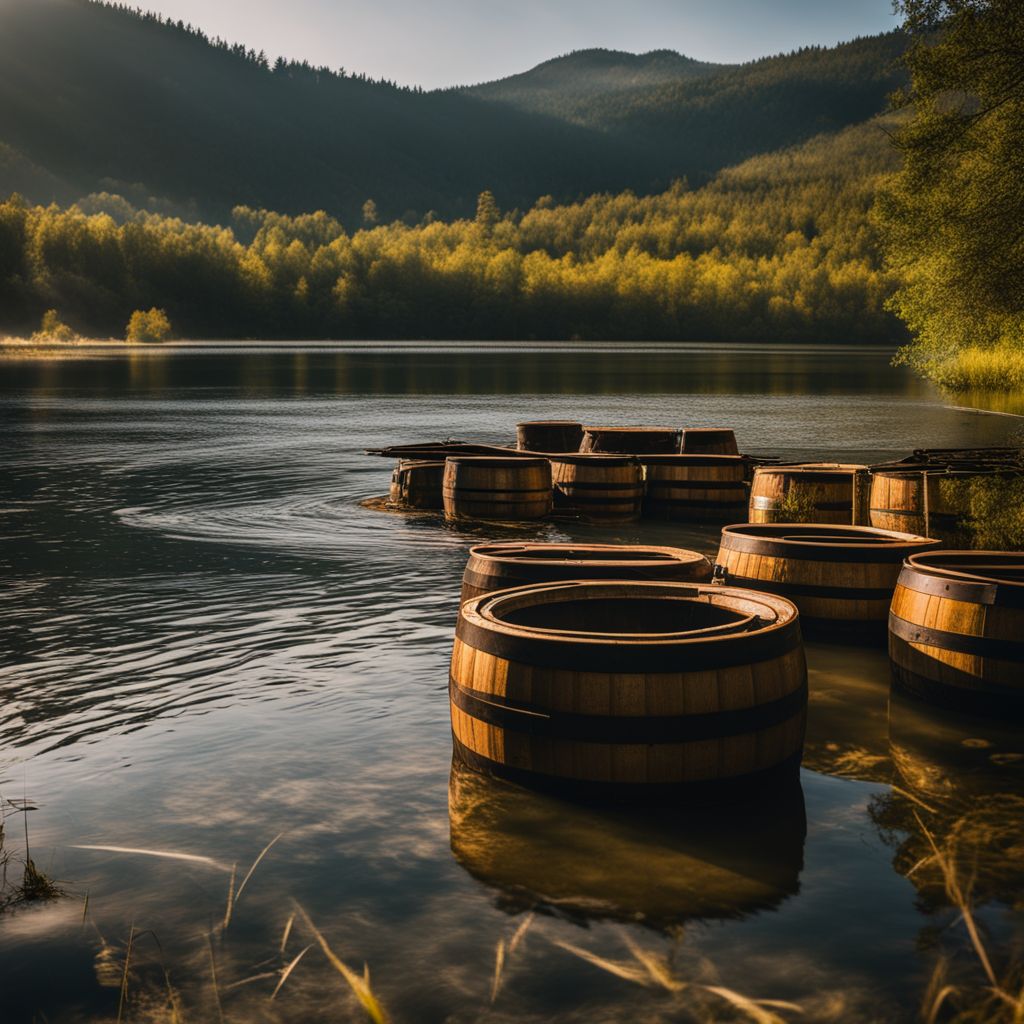 A photo of barrels floating on calm water with a homemade pontoon boat in the background.