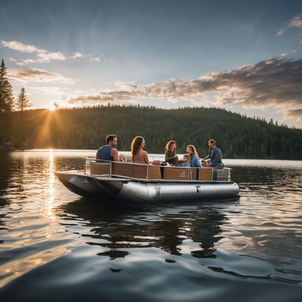 A family enjoying a homemade pontoon boat on a serene lake in a well-lit, bustling atmosphere.