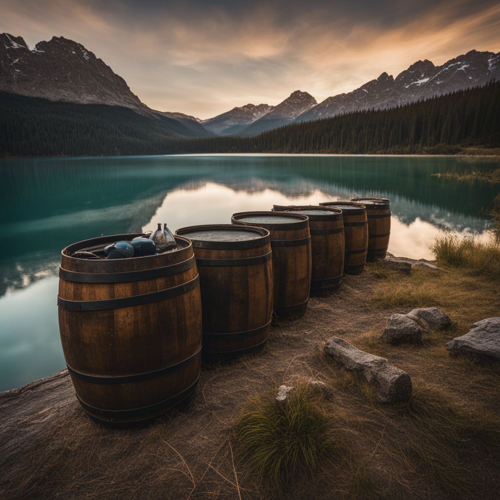 A row of barrels lined up on the shore of a calm lake with surrounding tools and soapy water solution.