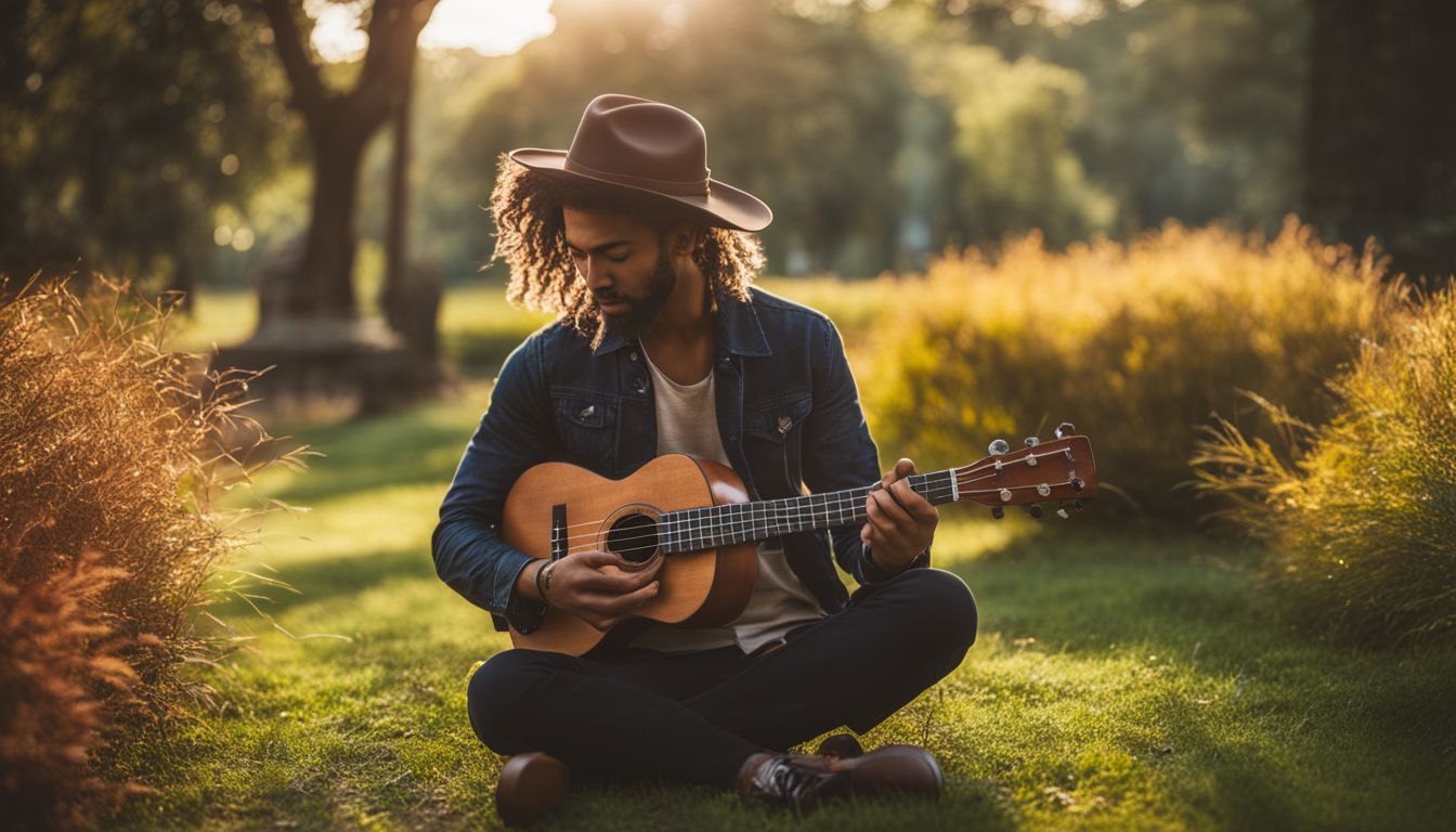 A musician playing ukulele in a peaceful park setting.