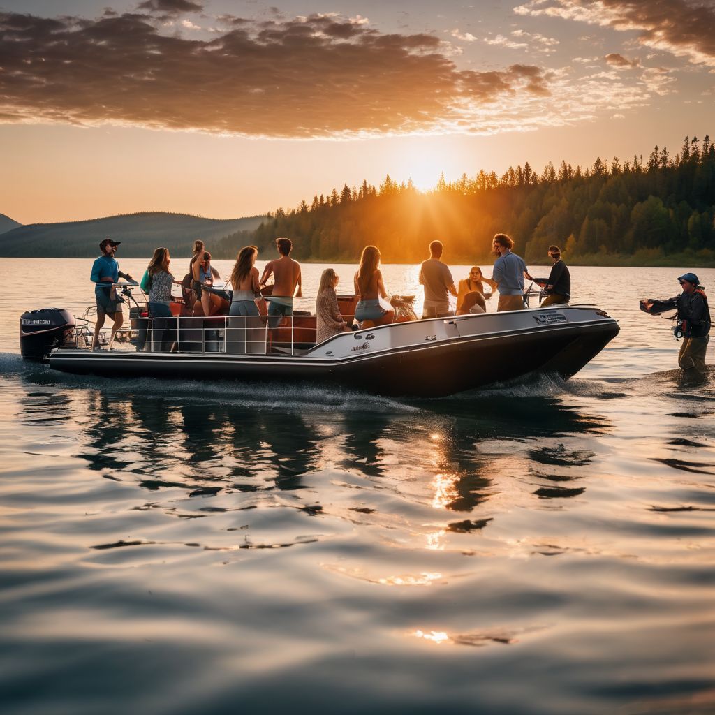 A group of friends celebrating the completion of their DIY pontoon boat on the lake at sunset.