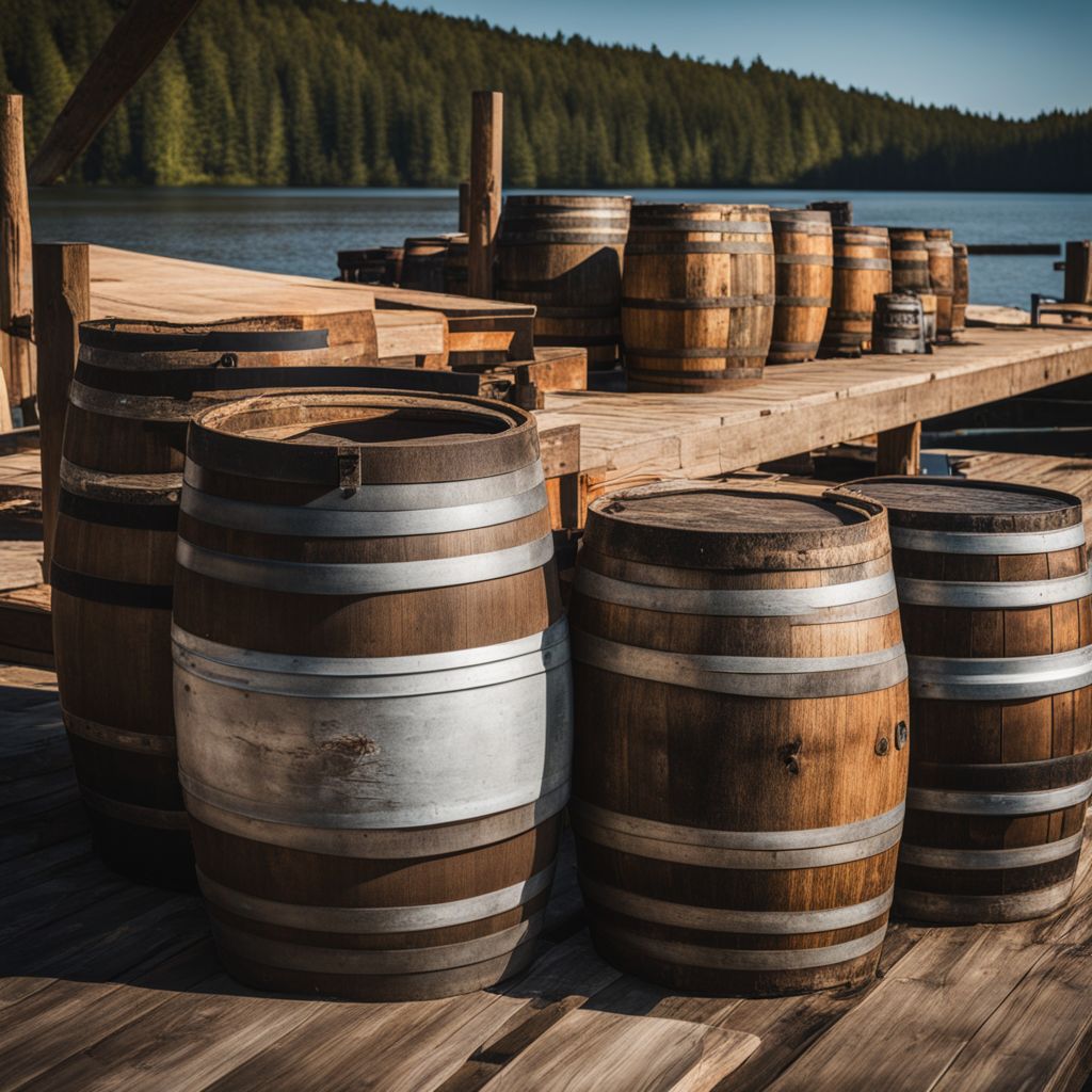 A pile of construction materials and barrels on a sunny lakeside dock, with a bustling atmosphere.