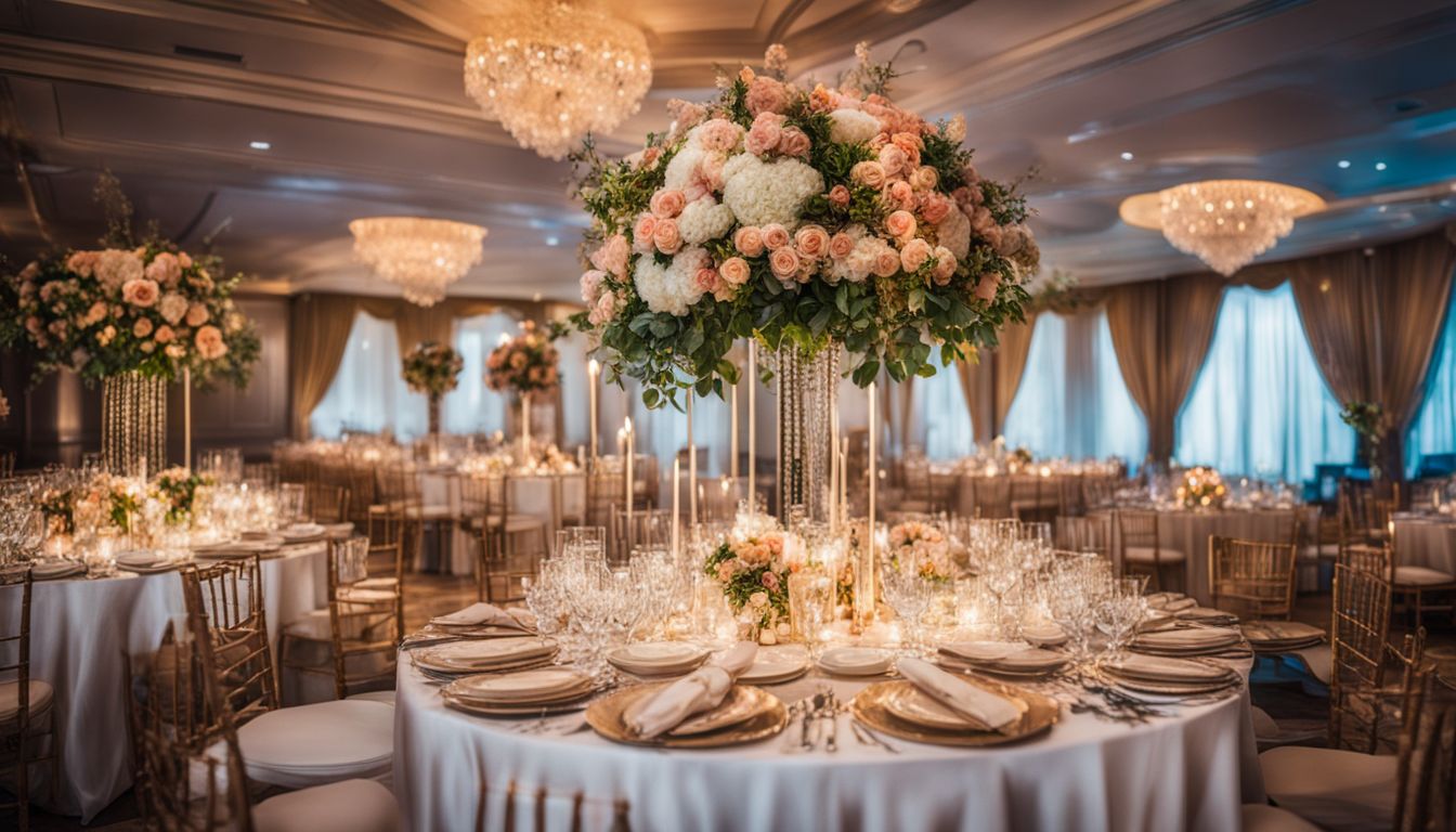 A beautifully decorated wedding reception hall with elegant floral arrangements.