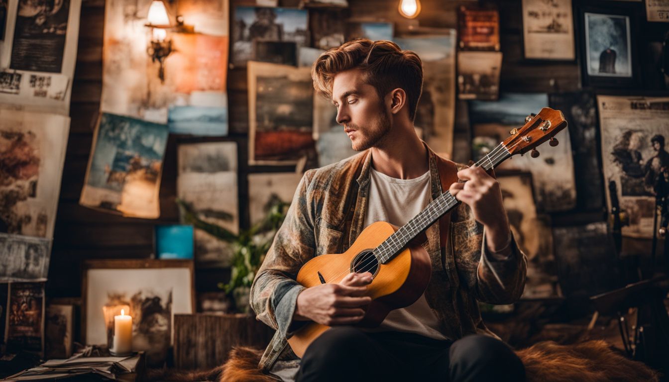 A musician holding a ukulele surrounded by various music and nature photography posters.