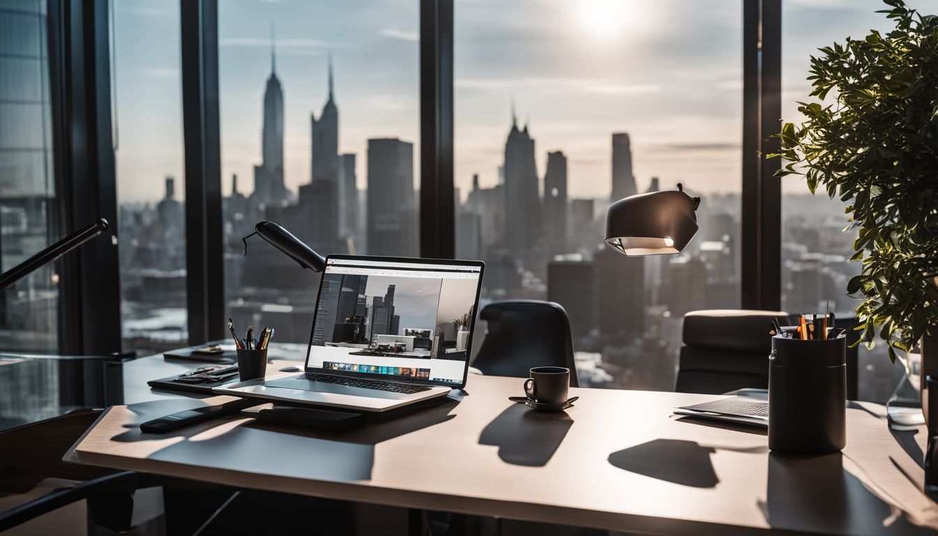 A modern office desk with technology and cityscape photography.