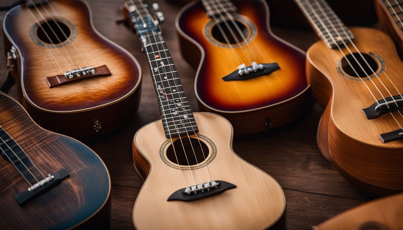 A close-up photo of various ukuleles showcasing their wood textures.