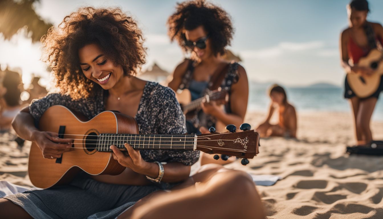 A beginner playing ukulele on a sunny beach with bustling atmosphere.