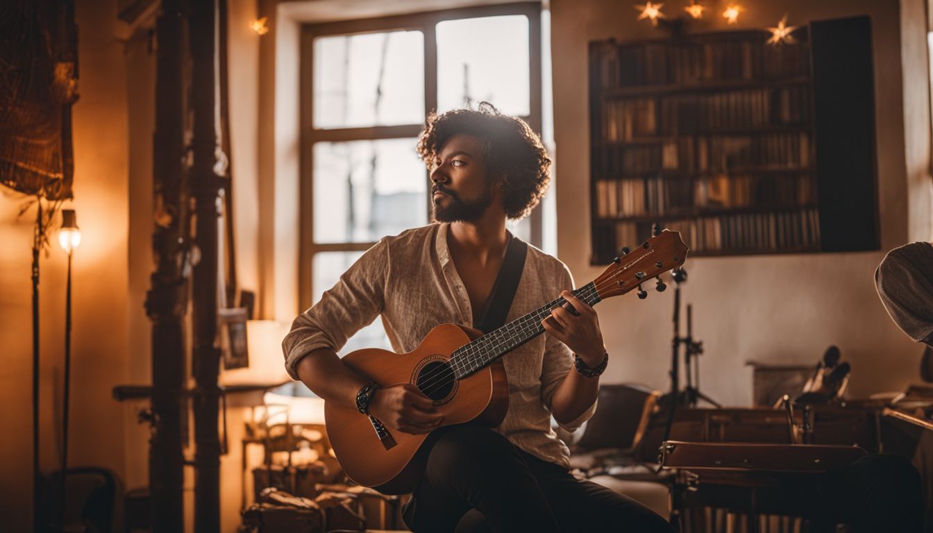 A musician playing a tenor ukulele in a cozy music studio.