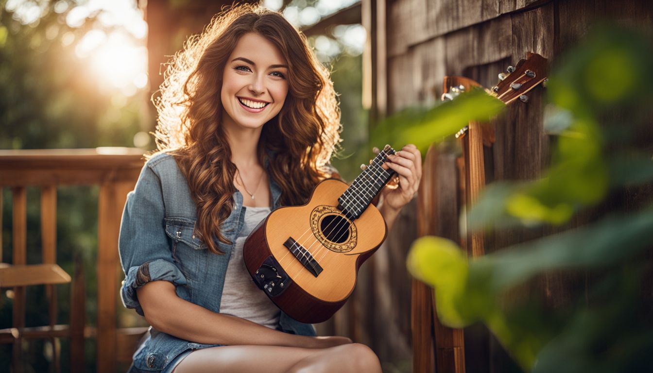 A beginner sitting on a sunny porch, holding a ukulele and smiling.