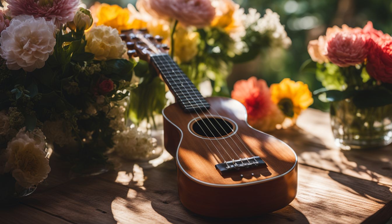 A ukulele surrounded by fresh flowers on a wooden table.