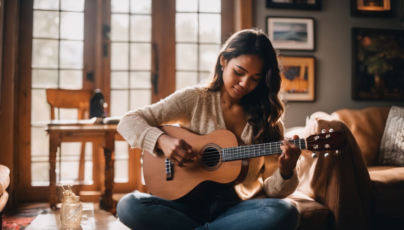 A person playing the ukulele in a cozy music room.