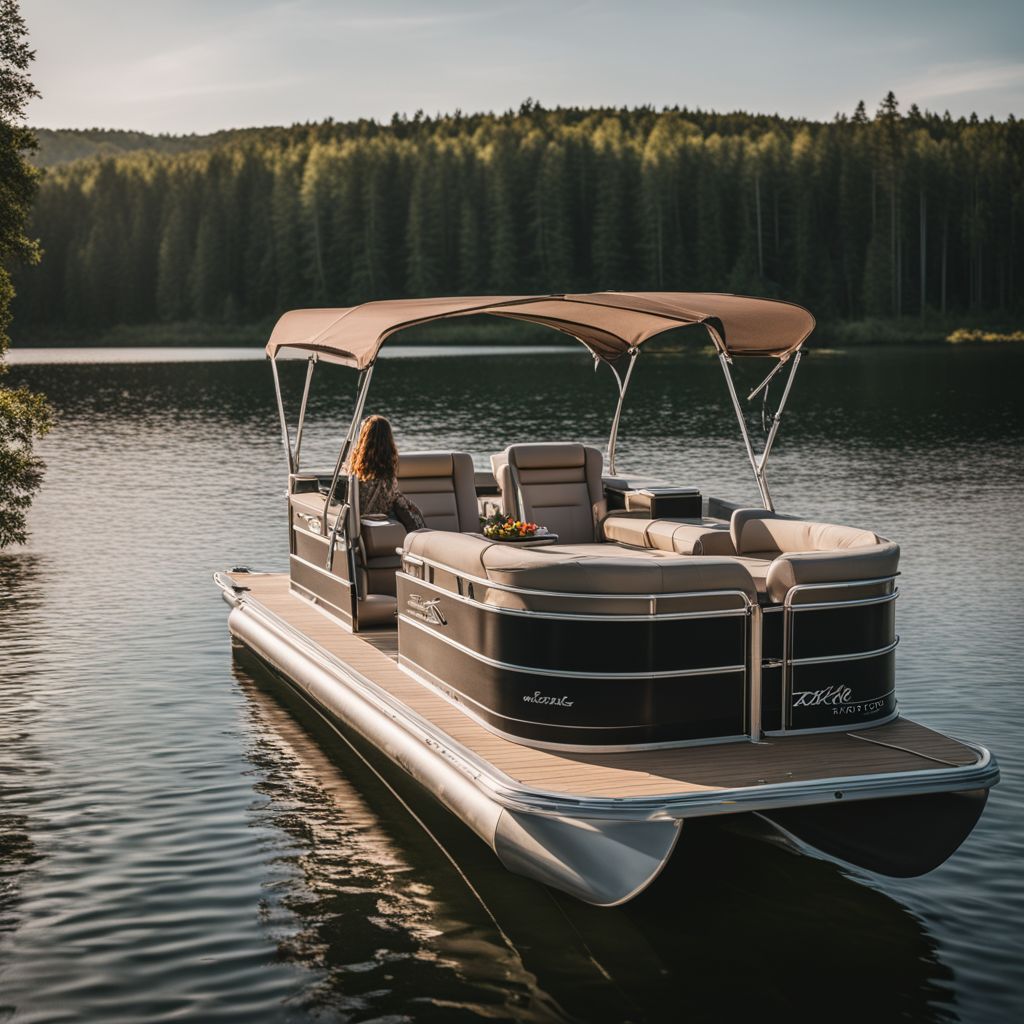 A pontoon boat on a serene lake with all recommended care products.
