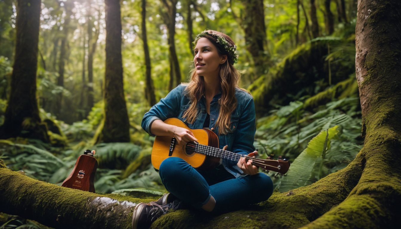 A person surrounded by ukuleles in a lush forest setting.