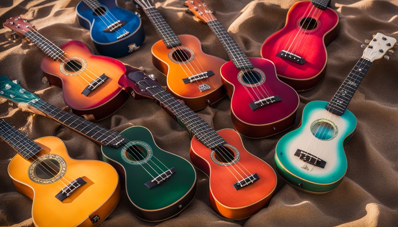 A collection of colorful ukuleles on a beach in a bustling atmosphere.