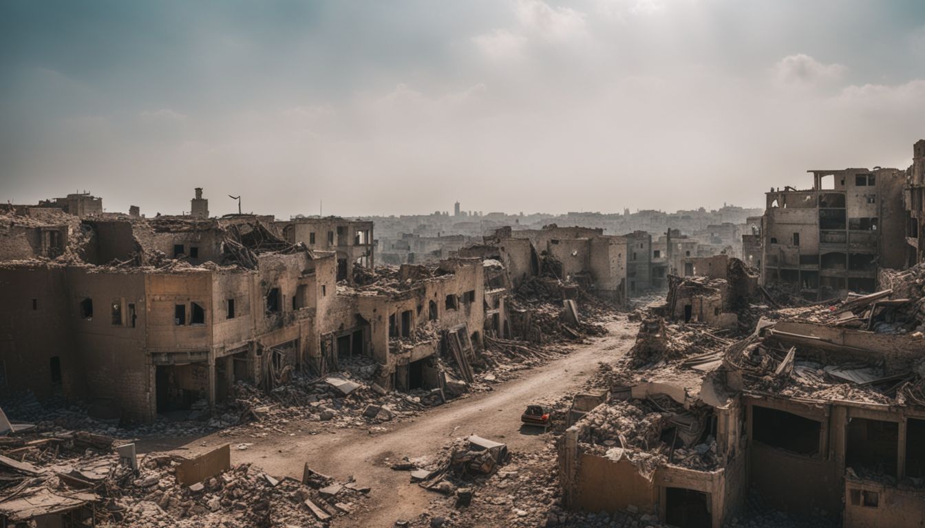 Destroyed Palestinian homes and buildings in a war-torn city.