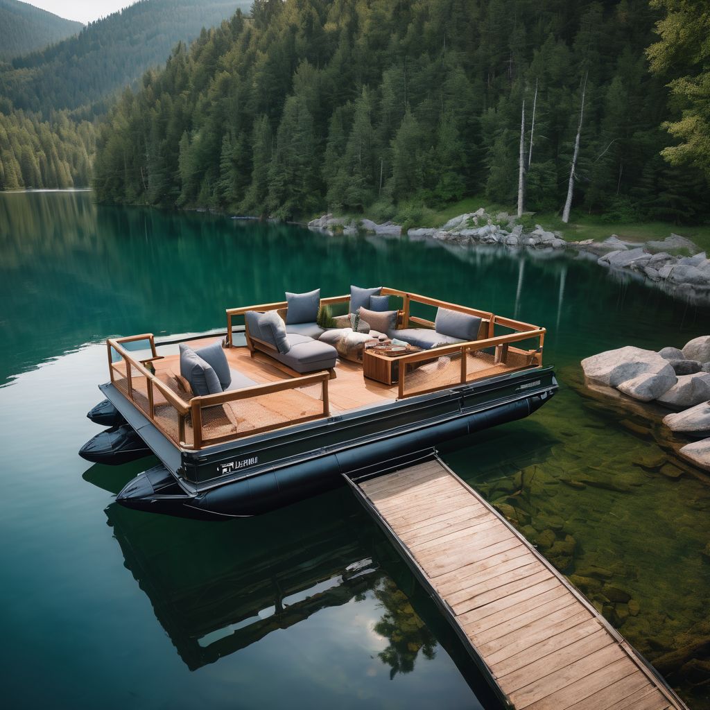 A fully constructed DIY pontoon boat floating on a serene lake surrounded by lush greenery.