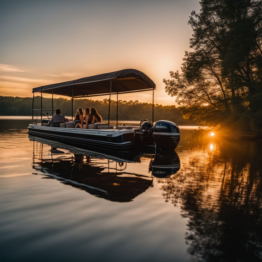 A DIY pontoon boat floats on calm water at sunset in a nature-filled landscape with people enjoying the atmosphere.