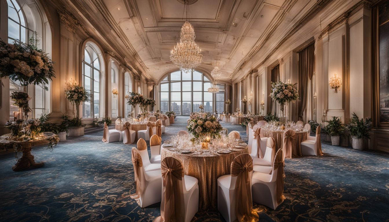 An elegant wedding venue with beautiful architecture and bustling atmosphere.