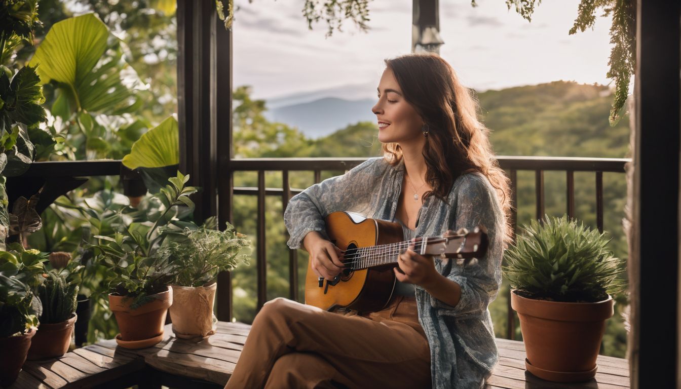 A person playing ukulele on a cozy porch surrounded by potted plants.